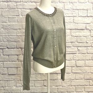 Grey Cardigan with rhinestone beaded collar Size L